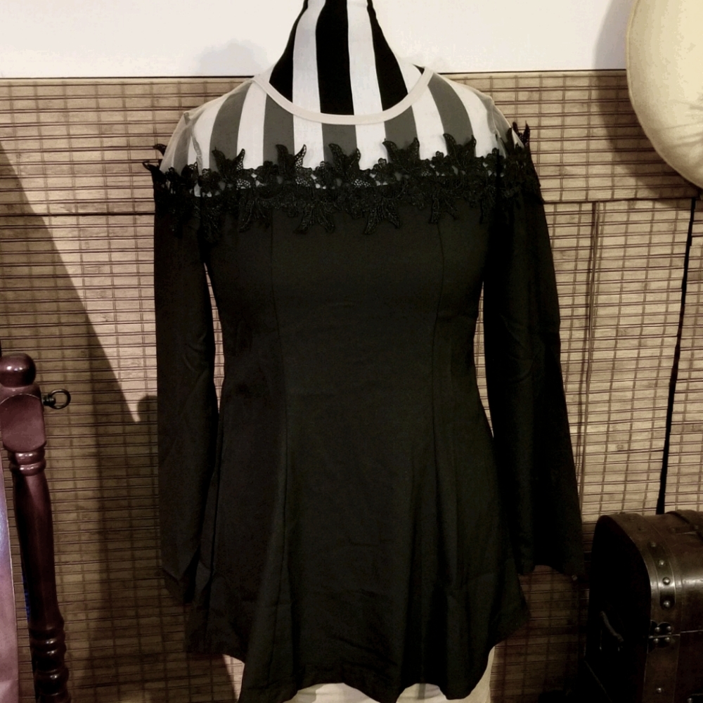 Gothic Black Lace Top with Nude Mesh Shoulders